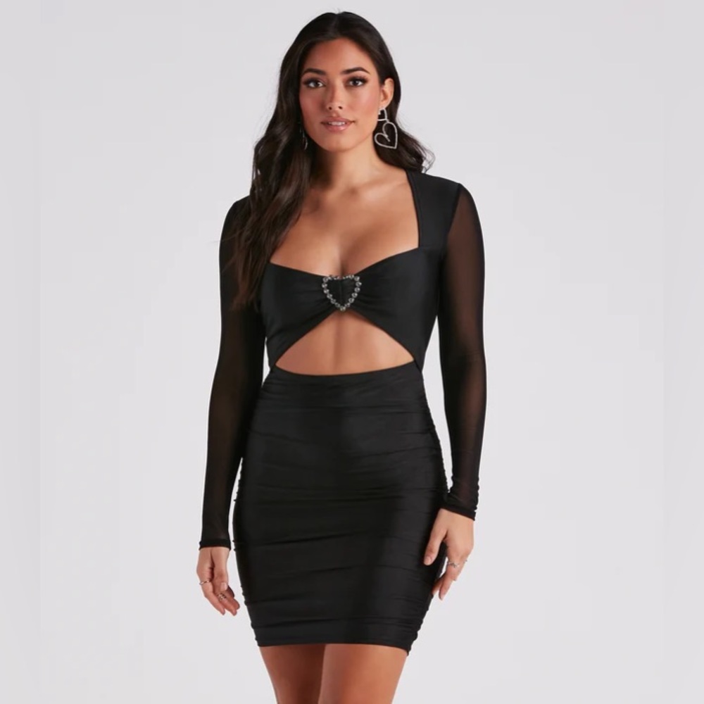 Windsor Black Rhinestone Heart Long Sleeve Mini Dress